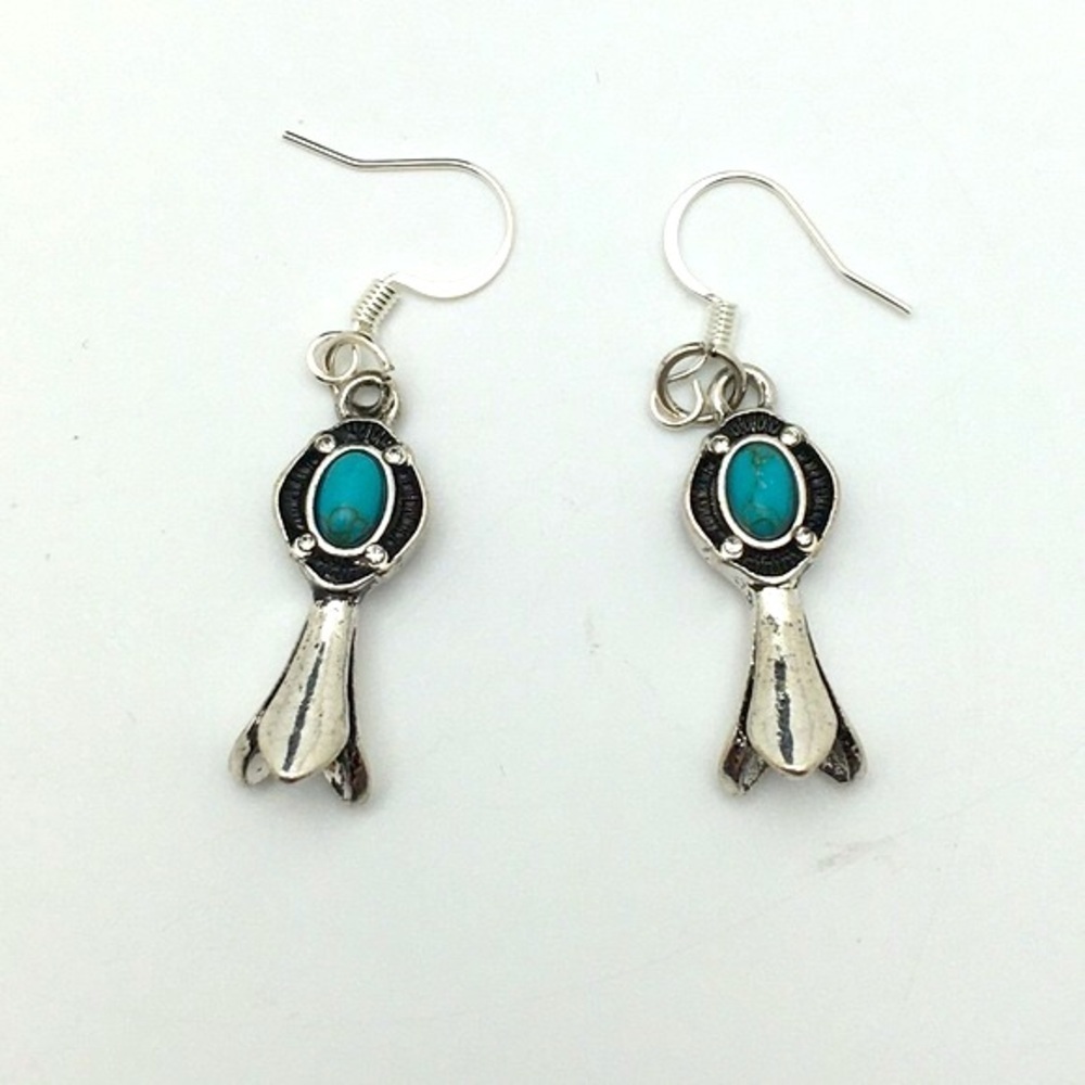 3D Squash Blossom Turquoise Silver Earrings